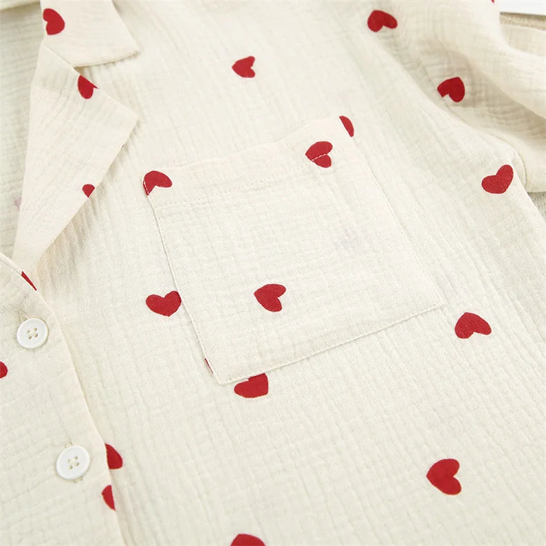 Summer New Love Heart Print Pyjama 100% Cotton Long Sleeve Set 2Pcs Outfit Lapel Sleepwear Button Down Women's Pajamas Nightwear - Smarsty