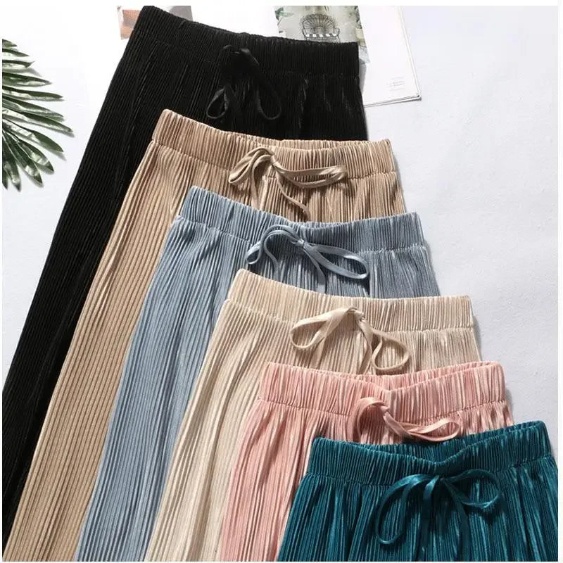 Women Fashion Summer Wide Leg Pants Pleated Ice Silk Trousers Elastic Waist Loose Casual Pants - Smarsty
