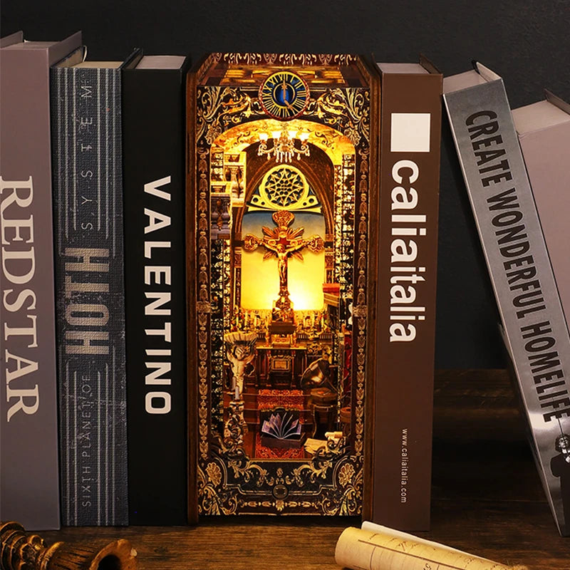 DIY Book Nook Shelf Insert Kit 3D Wooden Puzzle Doll House Assembly Building Model Bookends With Furniture LED Light Xmas Gifts by Smarsty