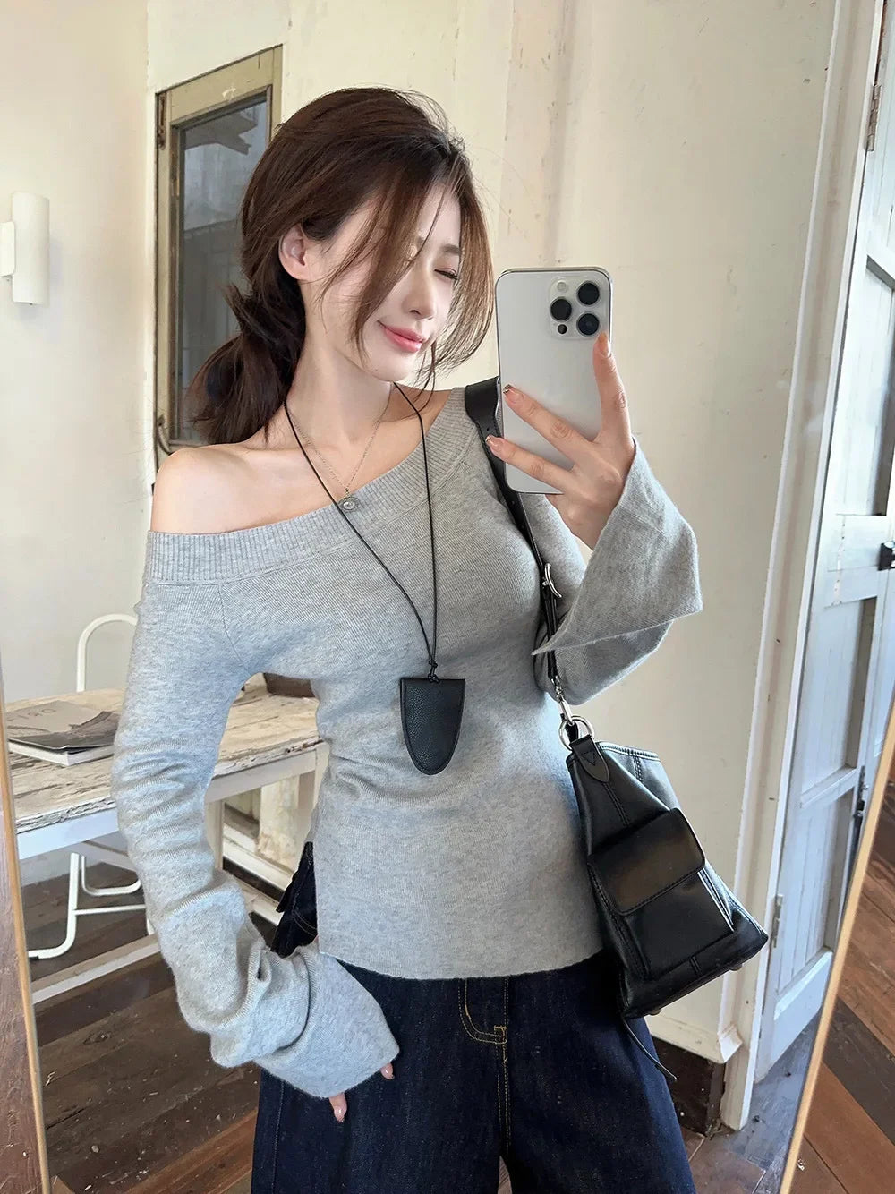 Sexy Pullovers Women Off Shoulder Cropped Knitted Basic Clothes Autumn All-match Side Slit Simple Tender Slim Gentle Seductive - Smarsty