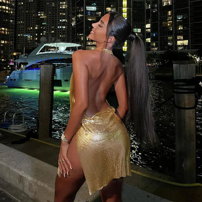 Sexy and Fashionable Women's Elegant Short Dress with Hanging Neck Backless Bottom Chest Sequin Party Girl Dance Dress - Smarsty