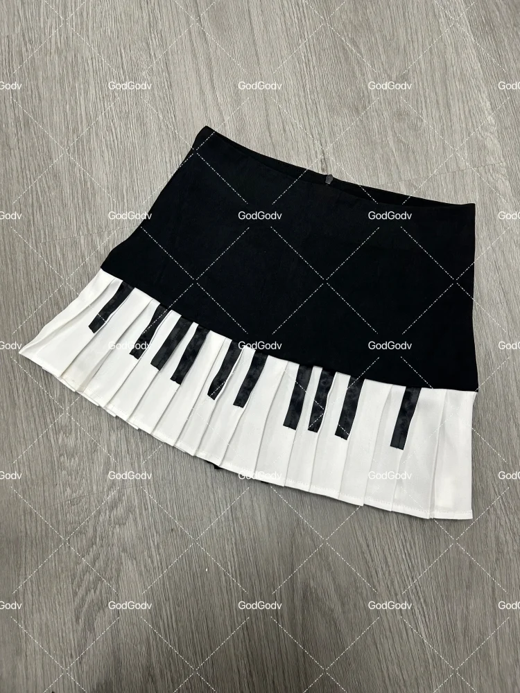 Spring Black White Spliced Women Short Skirt 2025 Y2k Slim Design Harajuku Mini Skirt Female Empire Korea Style Chic Piano Skirt - Smarsty