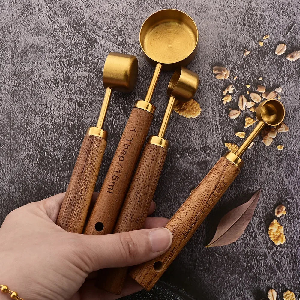 Gold Wooden Handle Stainless Steel Measuring Cups Set - Smarsty