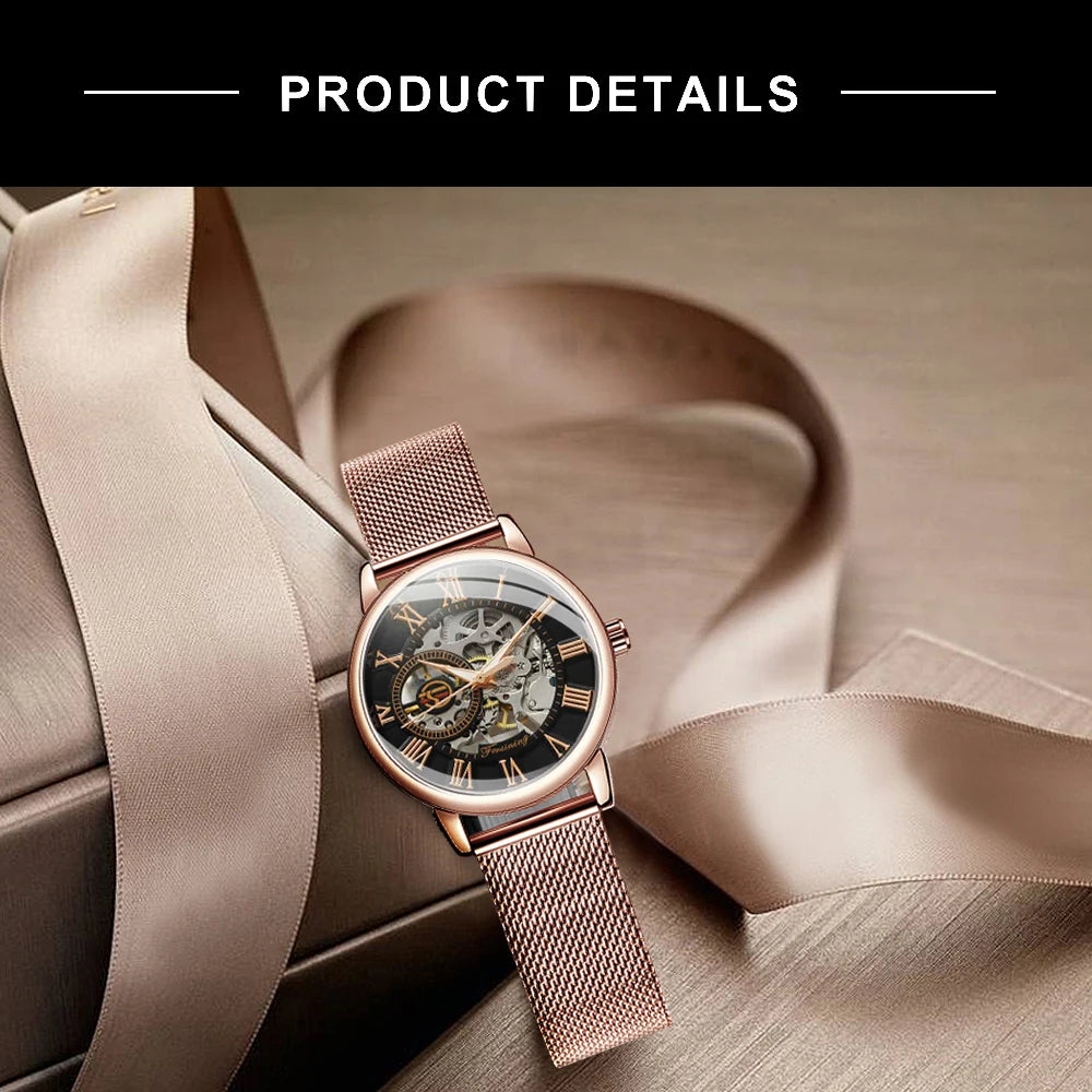 Rose Gold Skeleton Mechanical Watch for Women - Smarsty