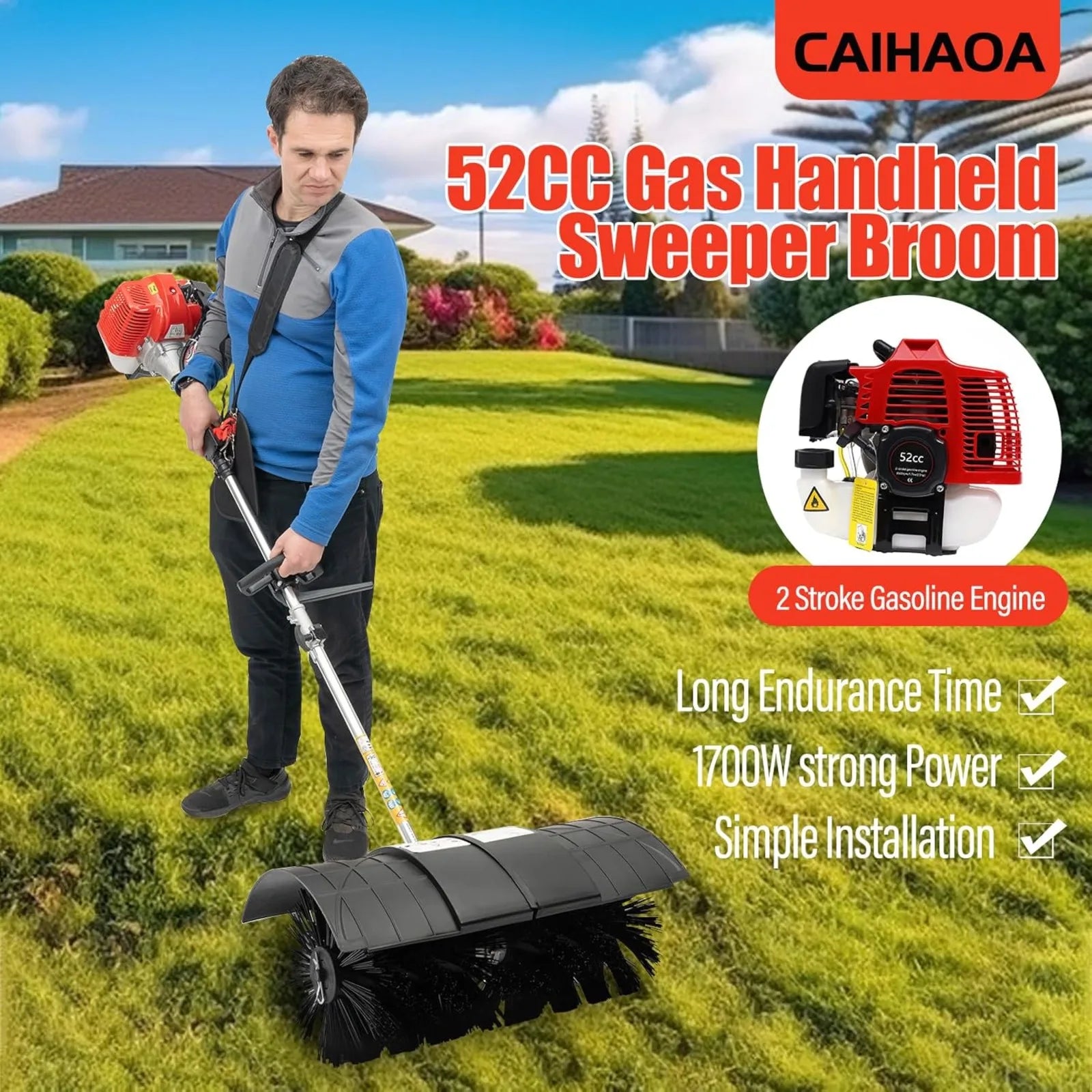 52CC 2 Stroke Gas Handheld Sweeper Broom, 1700W 2.3HP Gas Powered Artificial Lawn Sweeper, Outdoor Hand Held Gas Power Broom
