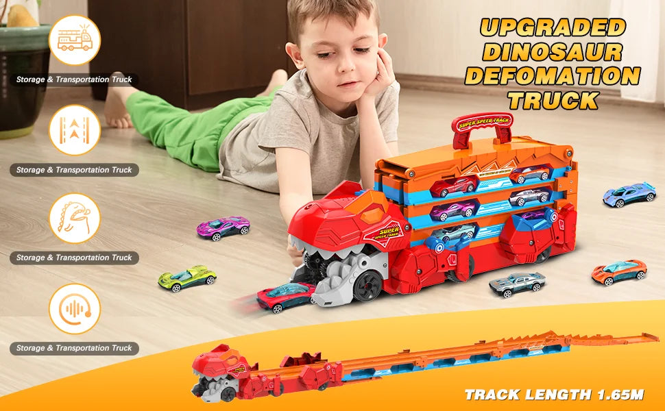 Dinosaur 3-In-1 Transport Truck Car Toys for Boys Age 3+ 8 Race Cars Ejection Folding Portable Track Toy with Sound for Kids
