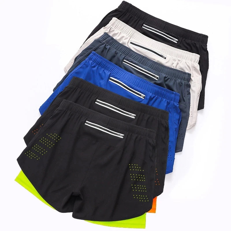 Men's Running Shorts Quick-drying Fitness Black Double Layer Shorts Men New Sport Workout Training Bodybuilding Short Pants - Smarsty