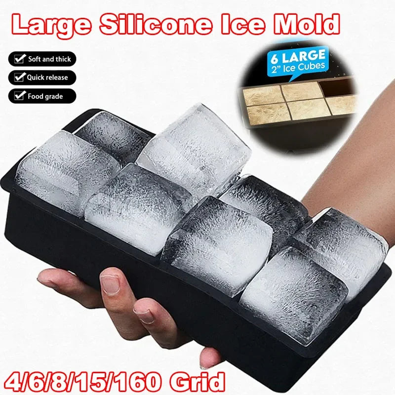 4/6/8/15/160 Grid Big Ice Tray Mold Giant Jumbo Large Food Grade Silicone Ice Cube Square Tray Mold DIY Ice Maker Ice Cube Tray - Smarsty