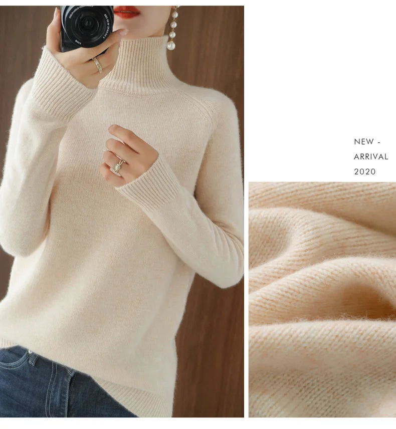 Fashion Basic Autumn Winter Merino Wool Sweater Mock Neck Cashmere Pullover Solid Color Soft Long Sleeve Clothing Tops - Smarsty