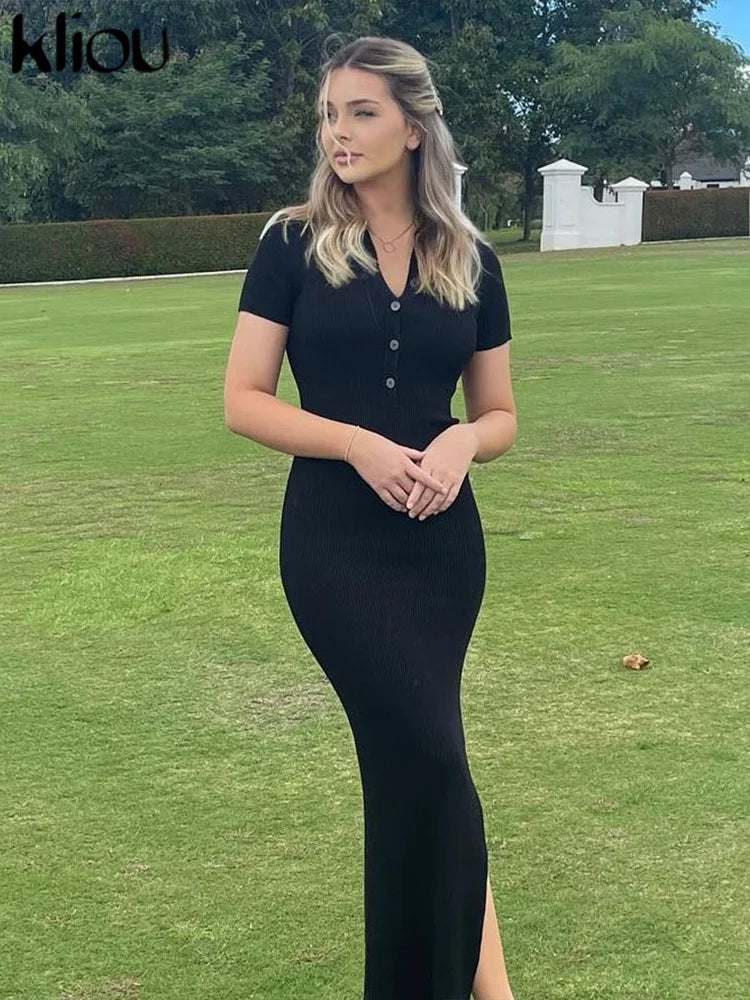 Kliou Elegant Office Lady Maxi Dress Women Solid Fashion Turn-down Collar Short Sleeve Button Side Slit Body-Shaping Street Robe - Smarsty