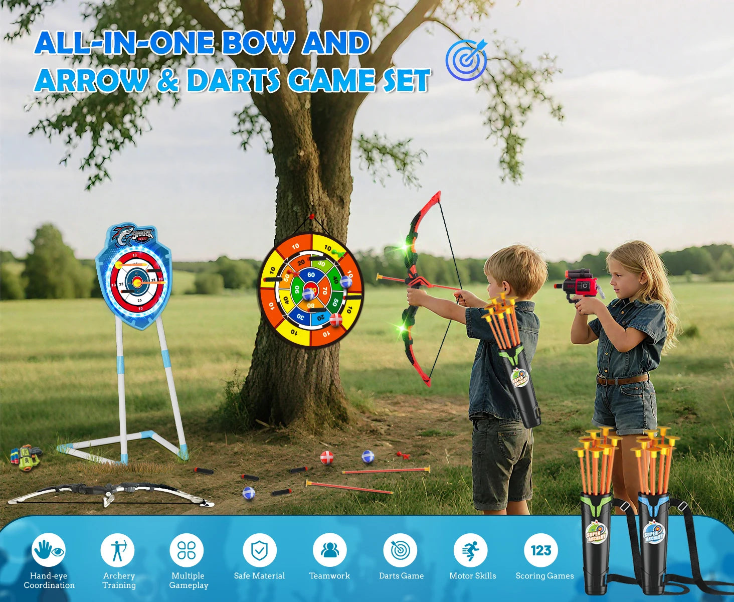 VATOS Night-Light Bow Arrow Guns Toy For Kids Archery Stand Target Board Indoor Outdoor Game Toys Boys Girls Christmas Gift