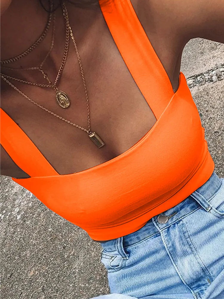 Square Neck Sleeveless Summer Crop Top White Women Black Casual Basic T Shirt Off Shoulder Cami Sexy Backless Tank Top - Smarsty