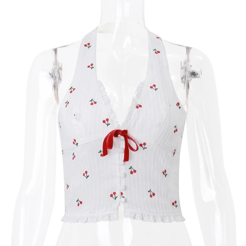 WhereMery Korean Fashion Print Halter Camis Tank Tops Summer Knitted Slim Fit Tank Top High Street Commuter Casual Women's Wear - Smarsty