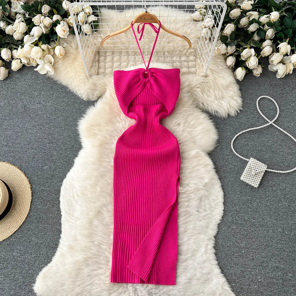 YuooMuoo Chic Fashion Sexy Package Hips Split Knitted Summer Dress 2025 Women Slim Elastic Bodycon Party Dress Streetwear Outfit - Smarsty