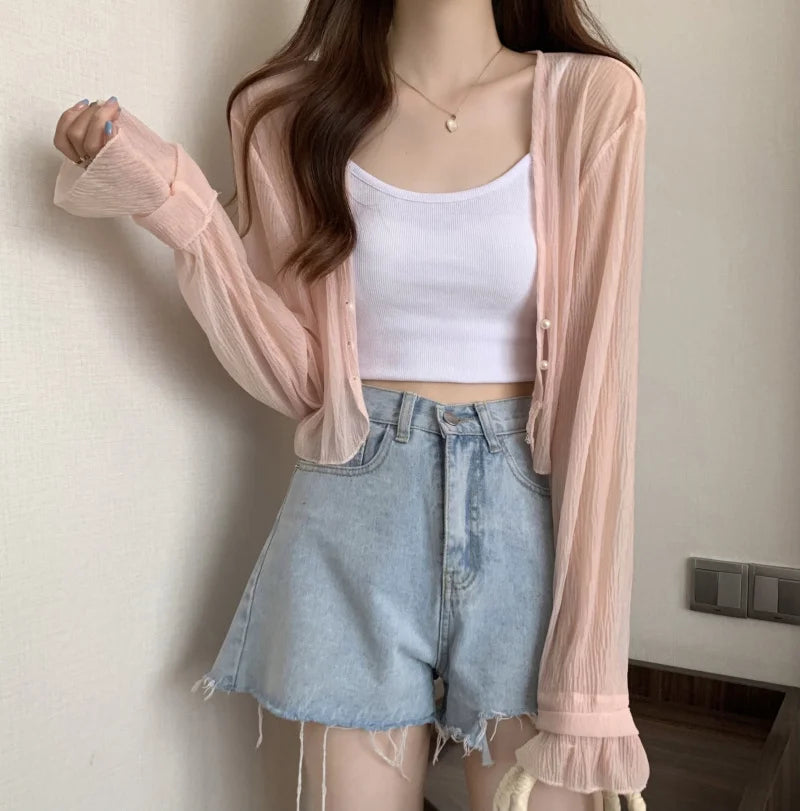 2025 Fairy Style Solid Cardigan Women Summer New Long Sleeve Sunscreen Sweet Beading V-neck Basics Loose Chiffon Cardigan - Smarsty