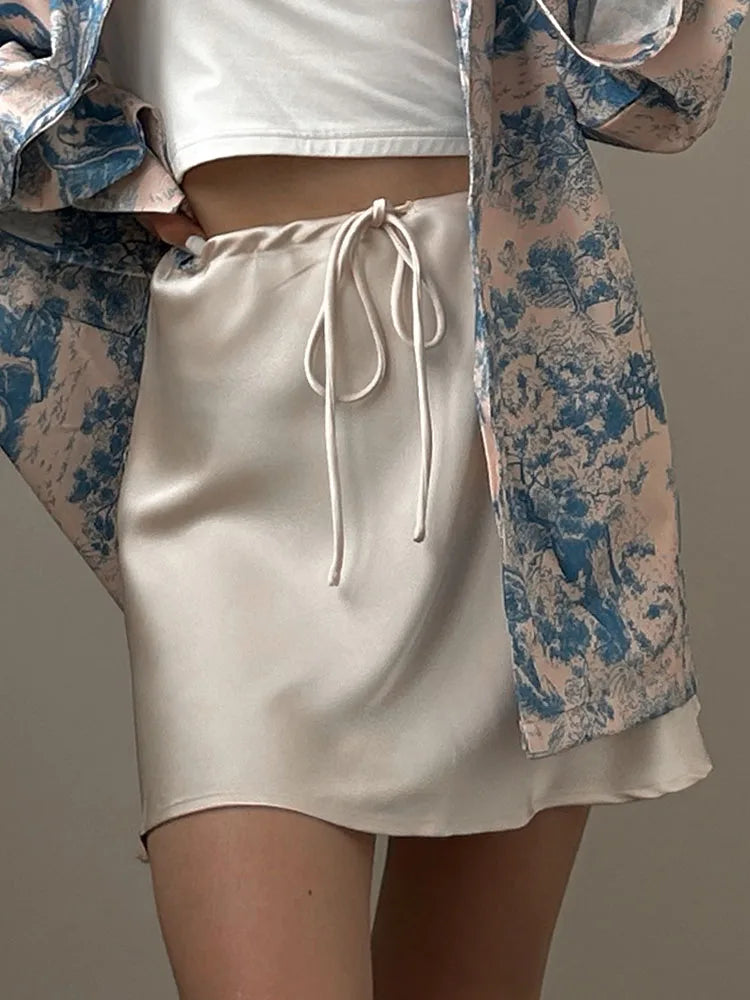 Satin Mini Skirts Women Summer Beige Silk Short Skirt For Woman Drawstring High Waist Black Satin Skirt A Line Women Short 2025 - Smarsty