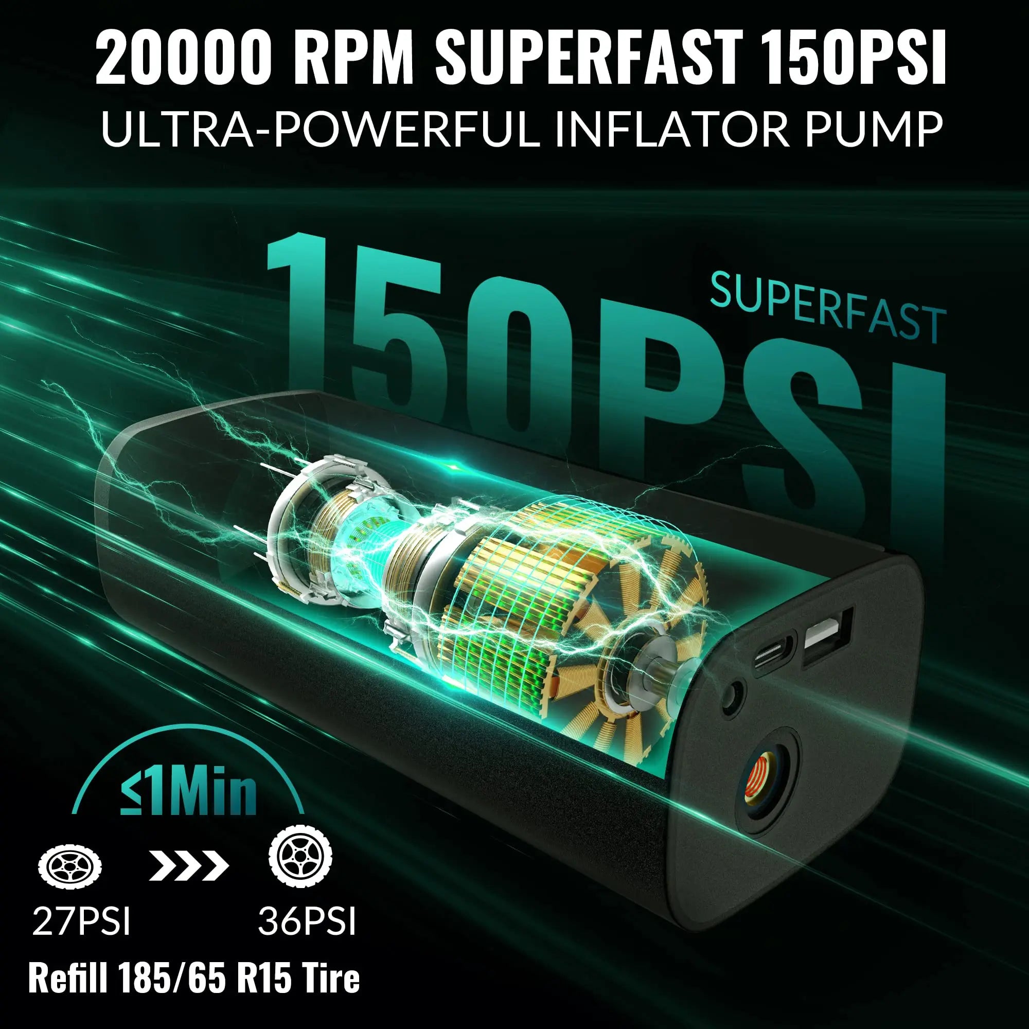 Portable Tire Inflator Air Compressor - 150 PSI Fast Inflation with Digital Display & LED Lighting