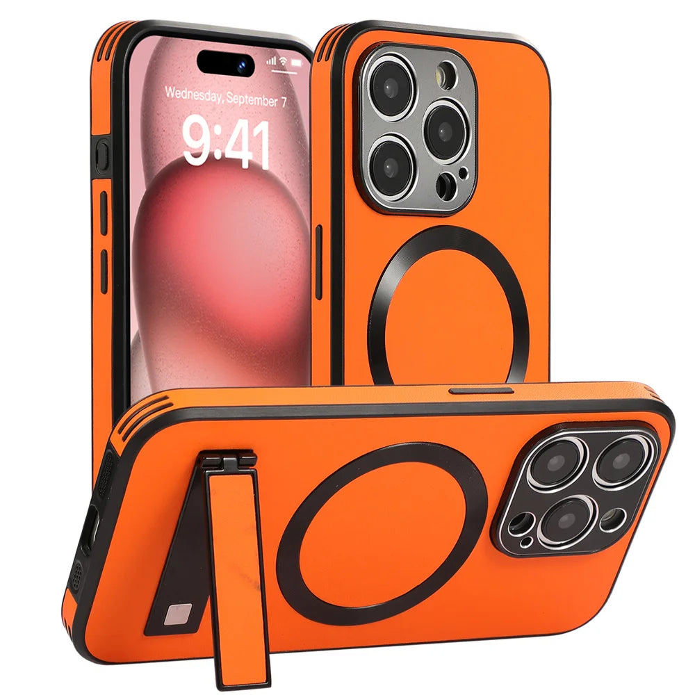 Luxury Magnetic Leather Stand Phone Case For iPhone 17 16 15 14 11 12 13 Pro Max Wireless Charging For Magsafe Shockproof Cover