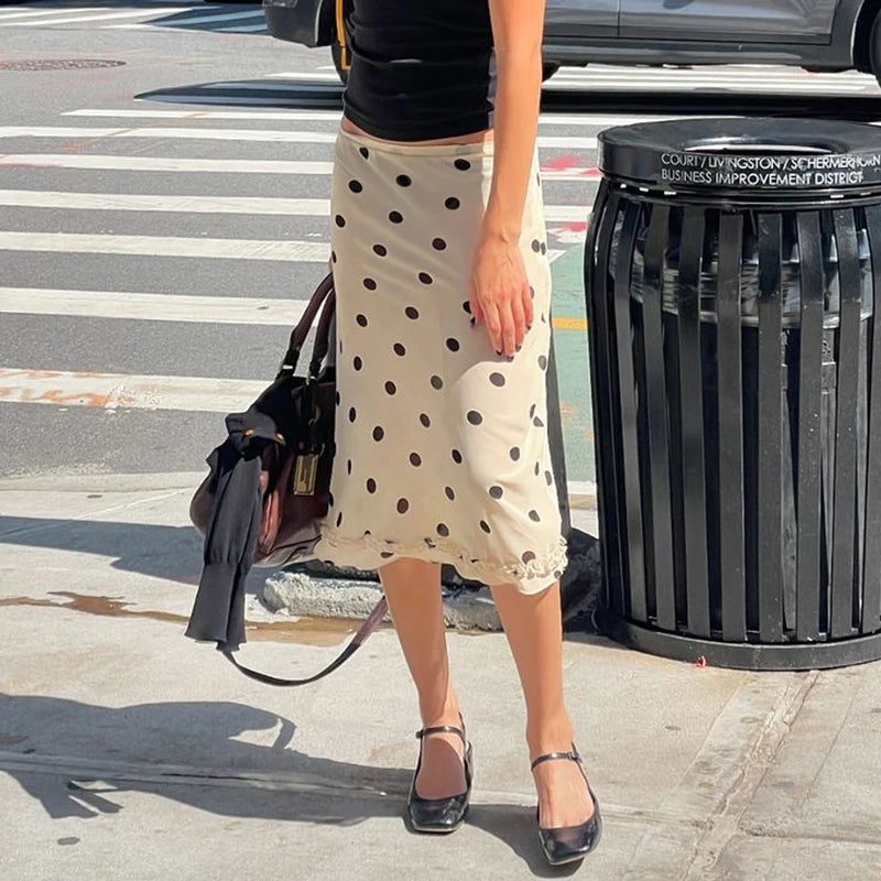 BIIKPIIK Casual Women Polka Dot Skirts Lettuce Trim Beige Elegant Midi Skirts Streetwear Simple All-match Bottom Clothing Spring - Smarsty
