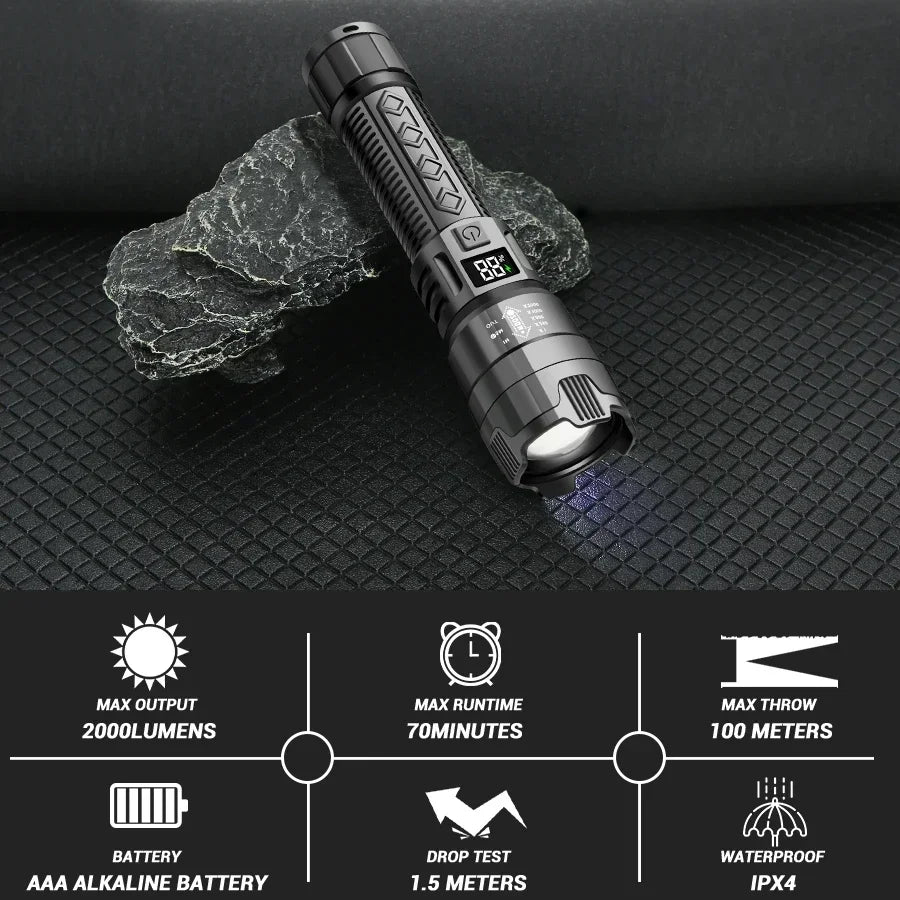 High Strong Power Led Flashlights 2000LM Tactical Torch with Display Light Rechargeable Camping Fishing Emergency Zoom Lantern