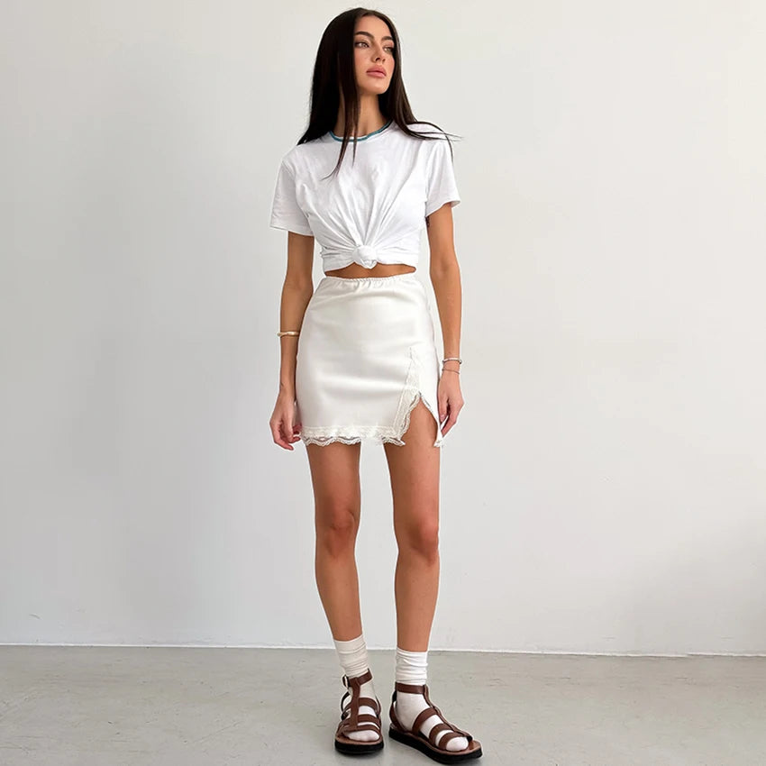 Linad Elegant Satin Embroidery Pencil Skirts Summer Sexy High Waist Split Mini Skirts For Women Fashion Slim Skirt Female 2025 - Smarsty