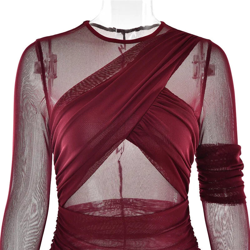 Mozision Mesh Ruched Sexy Maxi Dress For Women Fashion Zipper Patchwork See Through Long Sleeve Elegant Club Party Long Dress - Smarsty