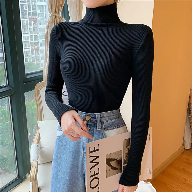 2025 Autumn Winter Women Long Sleeve Knitted Foldover Turtleneck Ribbed Pull Sweater Soft Warm Femme Jumper Pullover Clothes - Smarsty