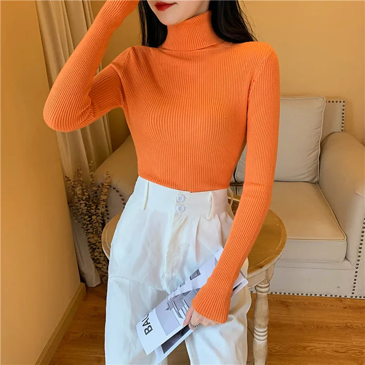 2025 Autumn Winter Women Long Sleeve Knitted Foldover Turtleneck Ribbed Pull Sweater Soft Warm Femme Jumper Pullover Clothes - Smarsty