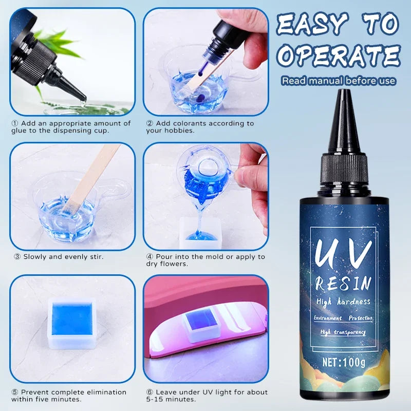 UV Resin Glue for DIY Jewelry, Epoxy Resin and UV Lamp High Transparency Fast Drying High Hardness, 20g, 50g, 100g, 250g, 1000g - Smarsty