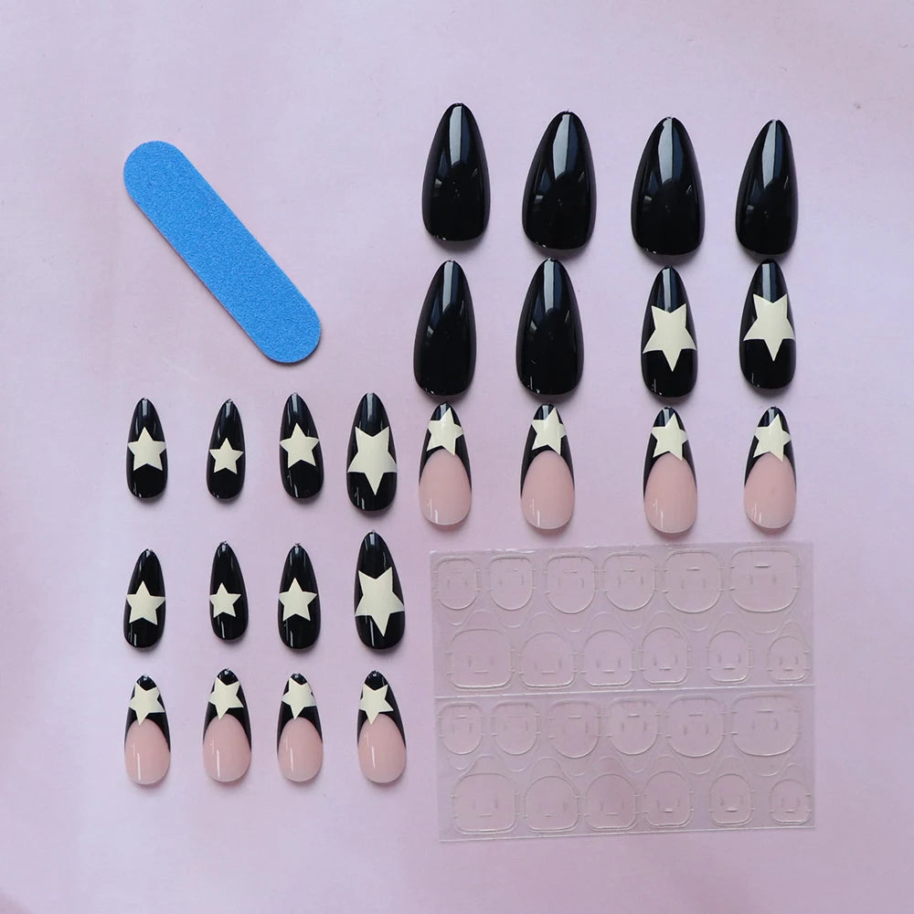 24PCS Medium Pink Black French Tip Press On Nails - Smarsty