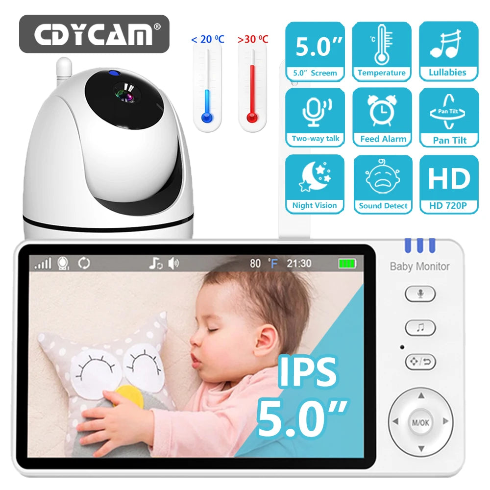 5.0 Inch Video Baby Monitor With Pan Tilt Camera Wireless Two Way Audio Night Vision Security Babysitter VOX Wake Up USB Charge by Smarsty