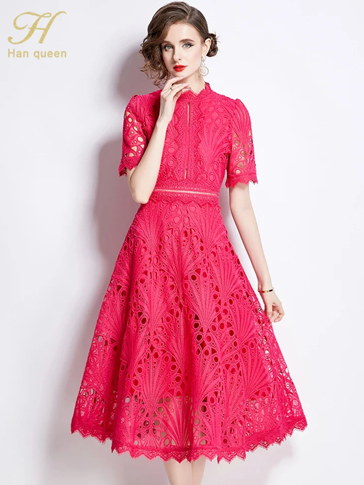 H Han Queen Spring New Elegant Casual Work Party Dresses Floral Crochet Hollow Out Lace Patchwork Casual Office Midi Dress - Smarsty