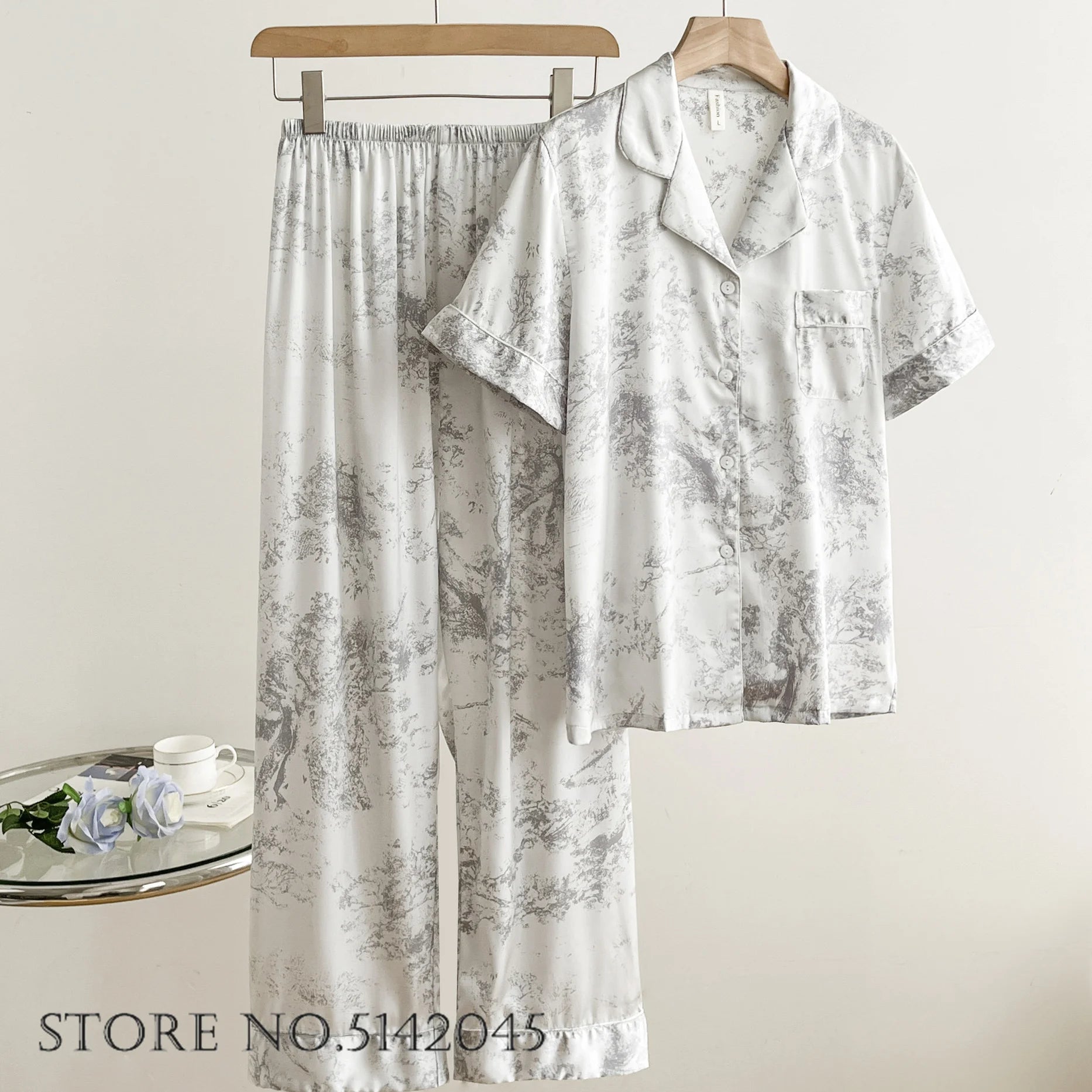 Fashion Print Flower 2PCS Pajamas Set Women Sleepwear Spring Summer Trouser Suits Lounge Wear Loose Satin Homewear Pijamas Suit - Smarsty