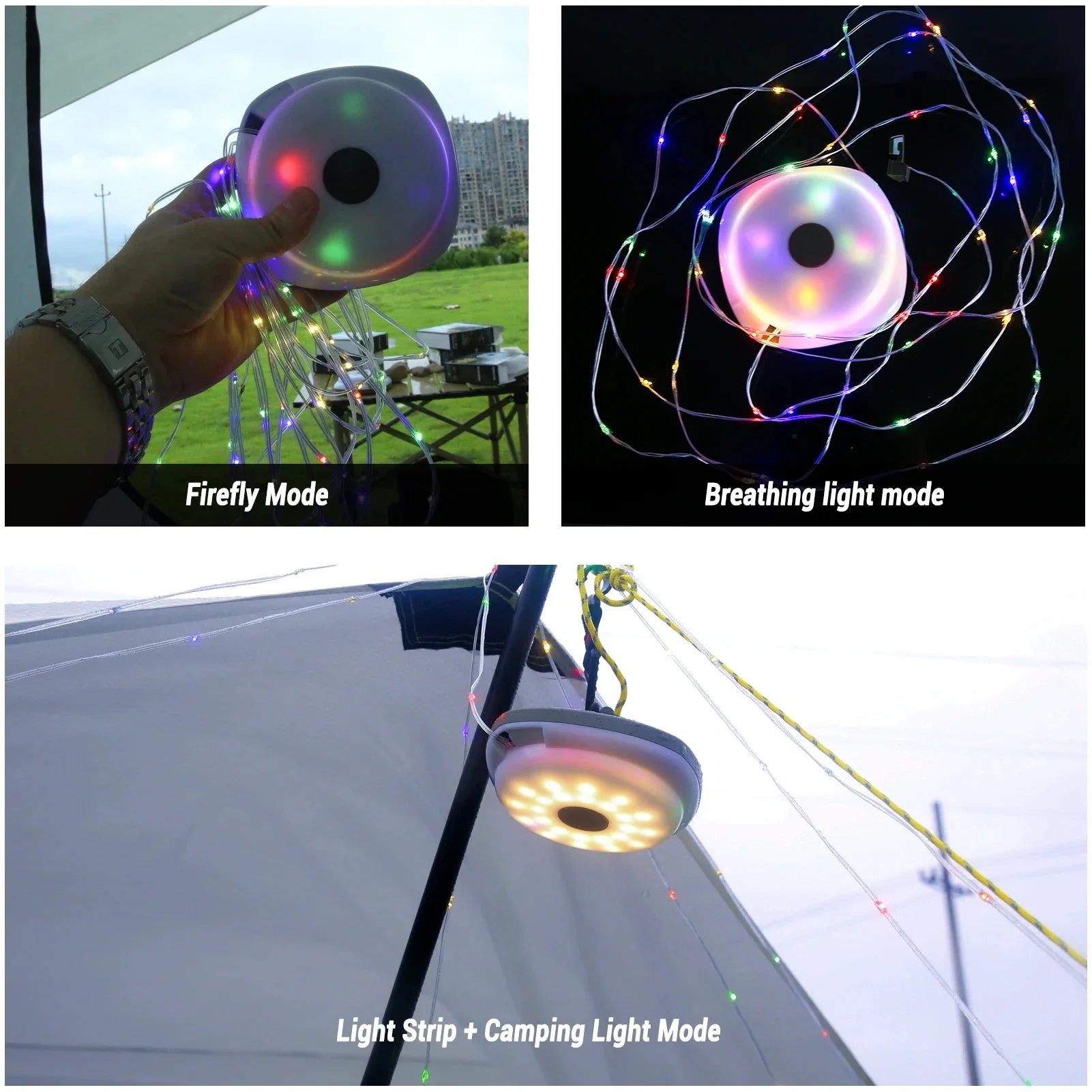 Camping String Lights,33Ft Light with Lanterns (2 in 1 Design),Camping Lights 2000mAh,IPX6 Waterproof,Rechargeable Flashlights by Smarsty