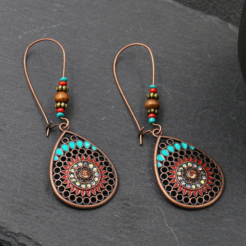Vintage Bohemian Big Drop Earrings with Geometric Leaf Design - Smarsty