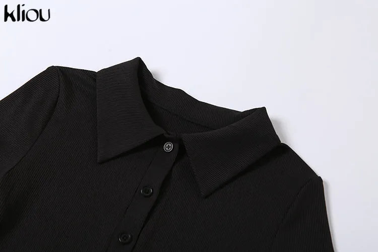 Kliou Elegant Office Lady Maxi Dress Women Solid Fashion Turn-down Collar Short Sleeve Button Side Slit Body-Shaping Street Robe - Smarsty