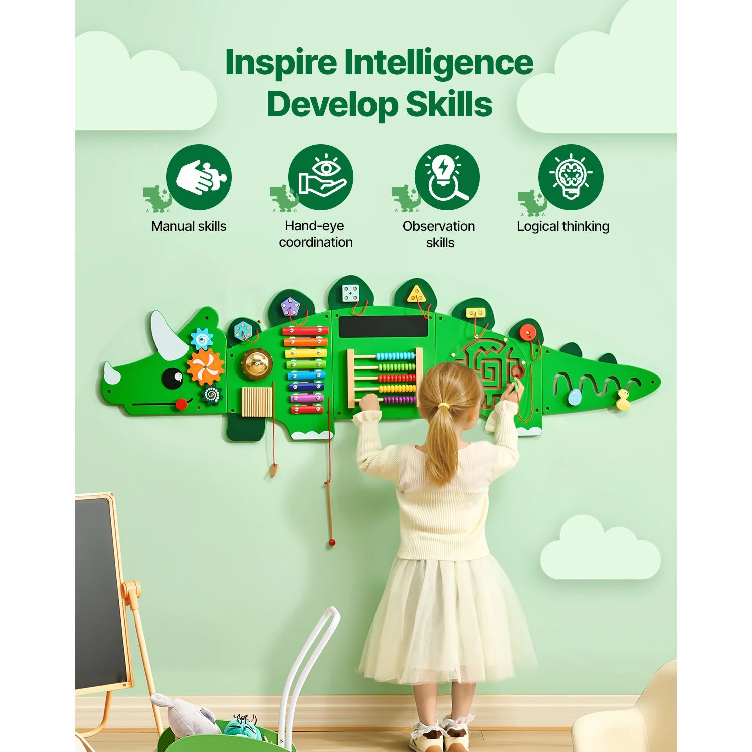 SucceBuy Dinosaur Kids Busy Wall Board 11 Activity Panels Montessori Sensory Learning Toys for 3-12 Toddler Playroom Toy Gift