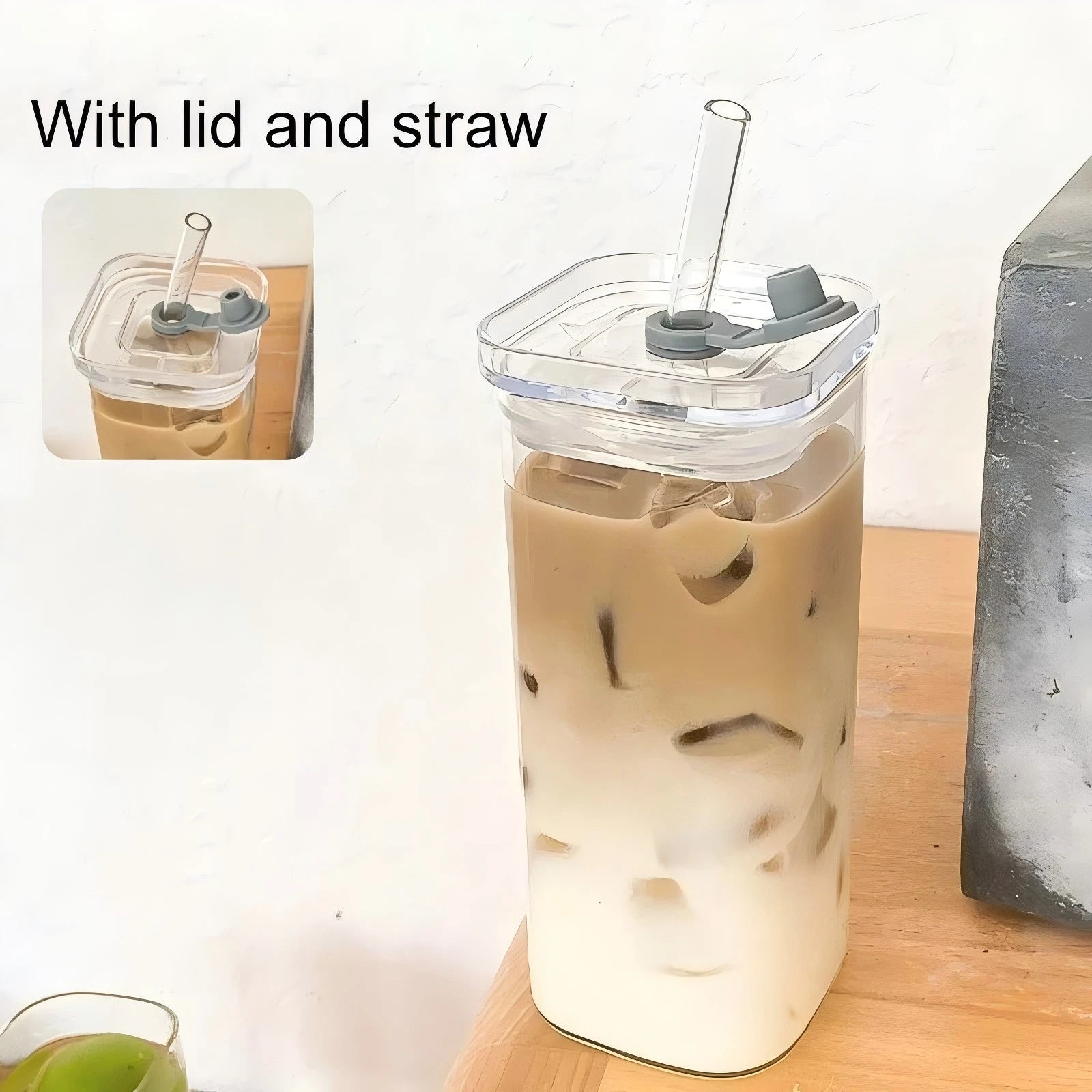 Square Heat Resistant Glass Cup With Lid And Straw - Smarsty