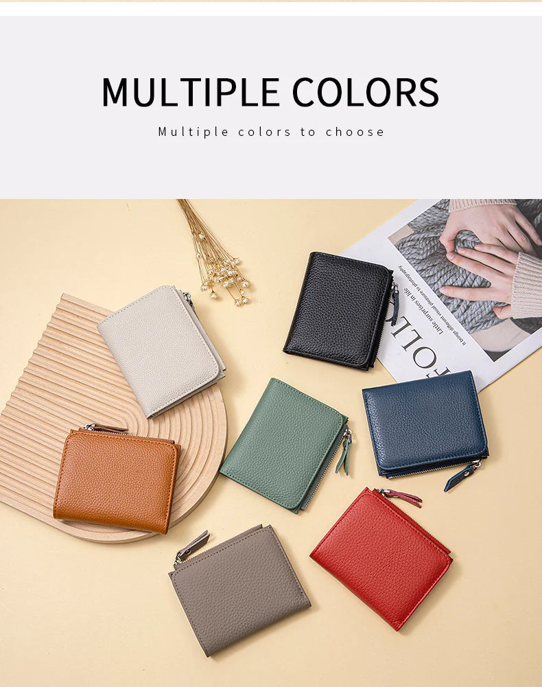 Women Genuine Leather Slim Short Wallet RFID Blocking Bi-Fold Wallet Credit Card Holder money clip wallet Zipper Coin pocket