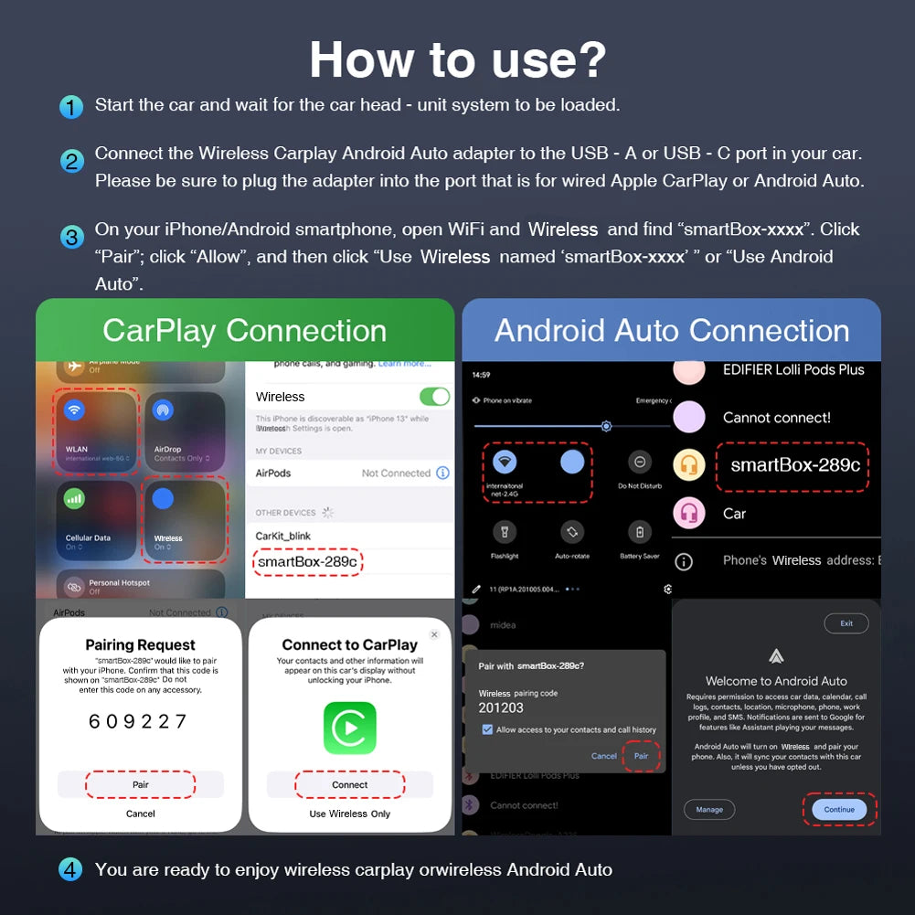 2 IN 1 Wireless Carplay Android Auto Adapter Wired to Wireless carplay Adapter for iPhone Wireless Control Plug & Play Carplay - Smarsty