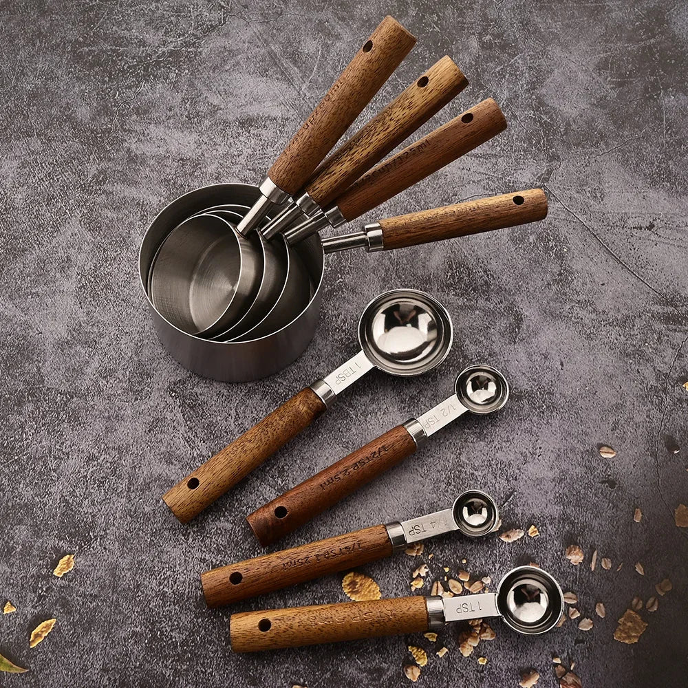 Gold Wooden Handle Stainless Steel Measuring Cups Set - Smarsty