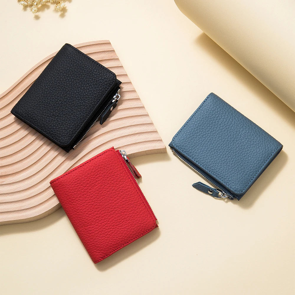 Genuine Leather Men Women Cute Short Wallet Luxury Solid Zipper Coin Purse rfid Bank Credit Card Holder Slim Small Money Bag