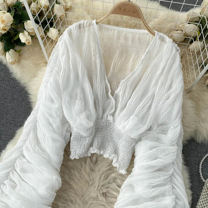 Women Sexy Chiffon Short Blouse Female See Through Super Long Sleeve Blusas Purple/Green/Black/White Folds Party Tops 2022 New - Smarsty