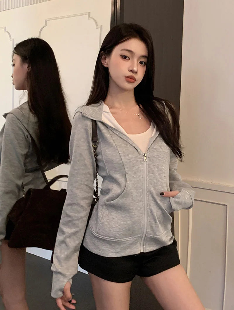 Gray Zipper Hooded Sweatshirt Women 2025 New Korean Slim Fit Cardigan Long Sleeve Coat Woman Solid Pockets Sports Hoodies Jacket