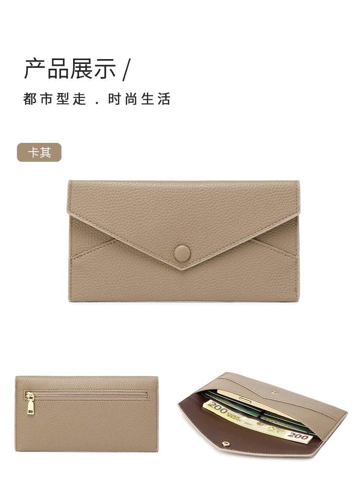 RFID Anti-Theft Purse for Women, Lychee Print, Soft Leather, Envelope Long Wallet, Ultra-thin, Portable, Simple Hand Bag