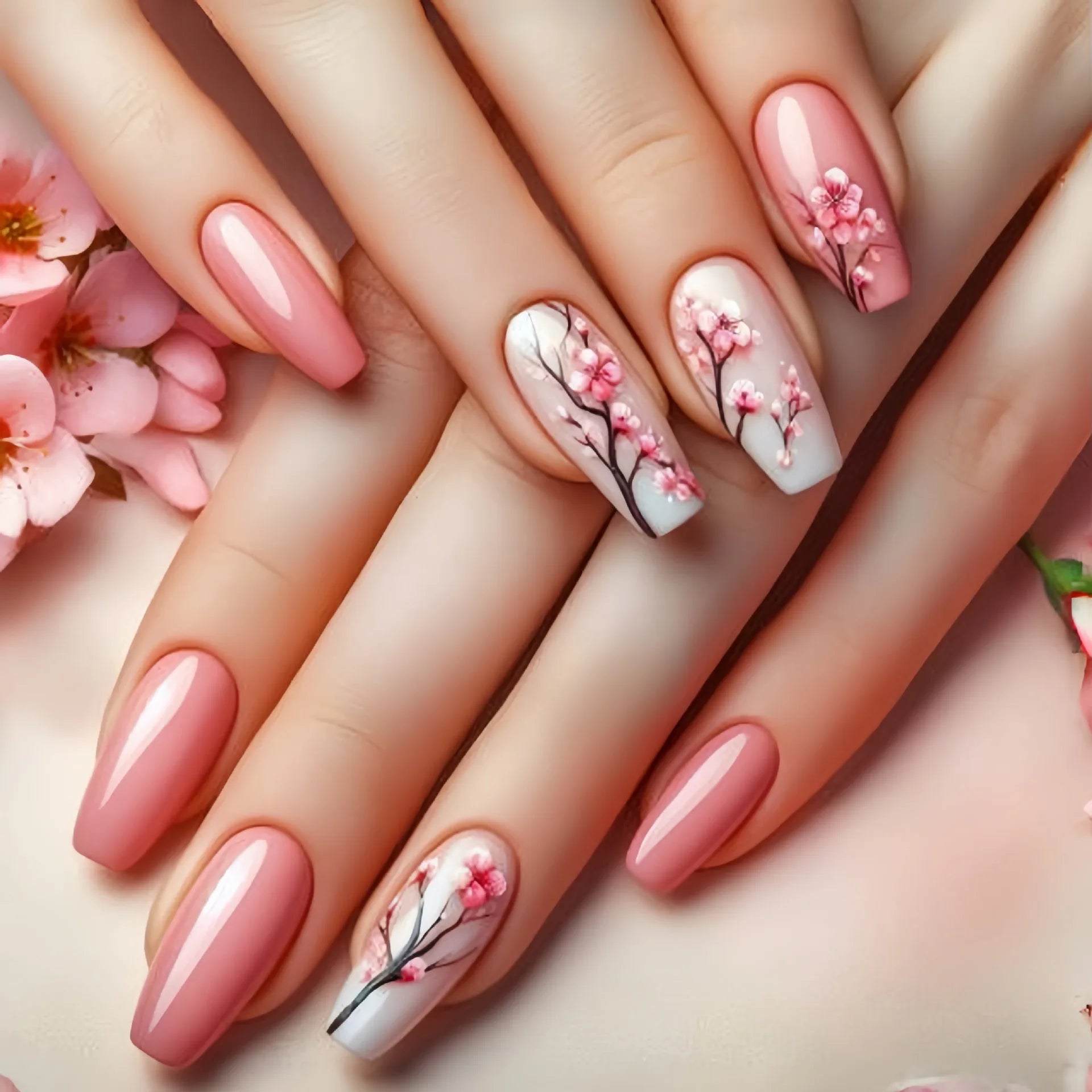 24 Piece Set Medium Long Press On Nails with Peach Flower Design - Smarsty