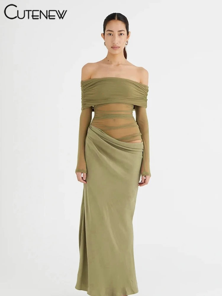 Cutenew Mesh Ruched Women Maxi Dress Sexy See Through Off Shoulder Long Sleeve Sheath Vestidos Female Midnight Party Solid Robe - Smarsty