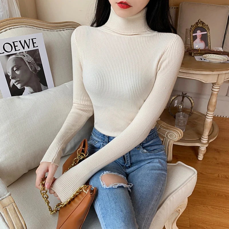 2025 Autumn Winter Women Long Sleeve Knitted Foldover Turtleneck Ribbed Pull Sweater Soft Warm Femme Jumper Pullover Clothes - Smarsty
