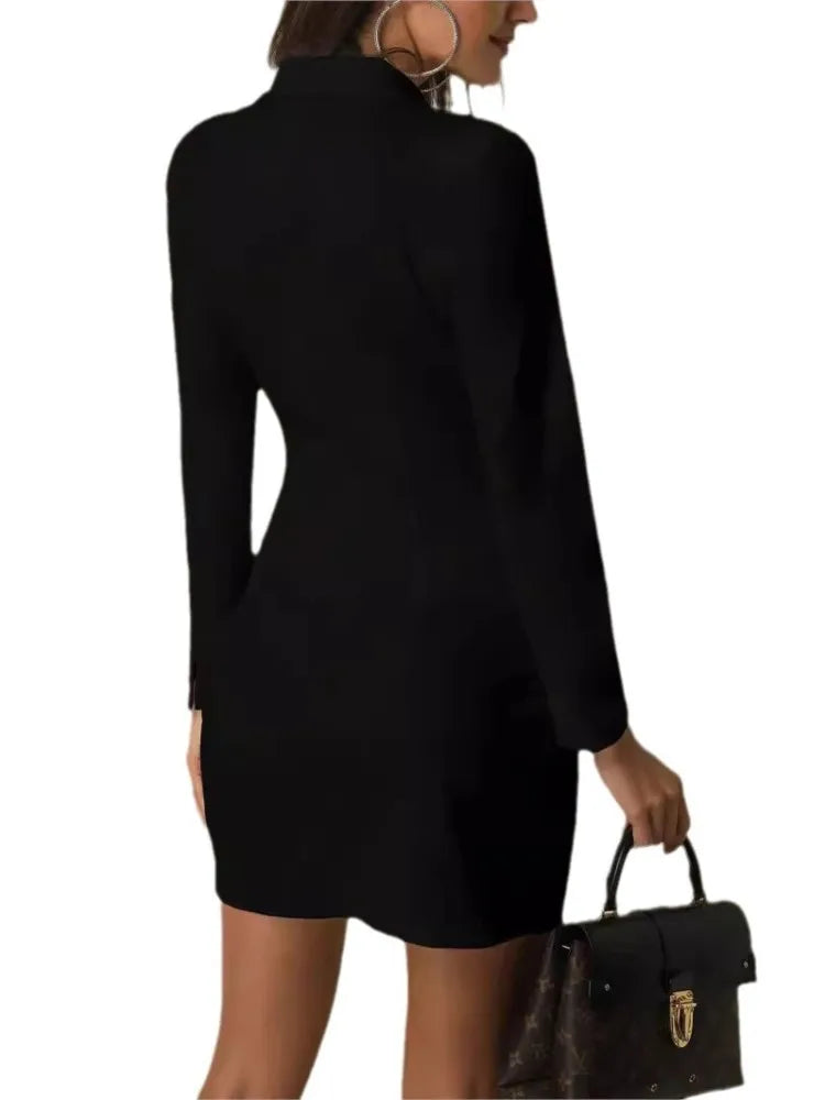 Women's Slim Blazer Dresses Temperament Elegant Office Lady Single Breasted Long Sleeve Dress Spring Autumn Black White Vestidos - Smarsty