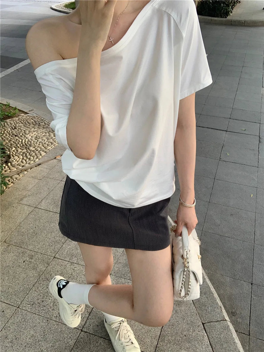 Sexy Pullovers Women Off Shoulder Cropped Knitted Basic Clothes Autumn All-match Side Slit Simple Tender Slim Gentle Seductive - Smarsty